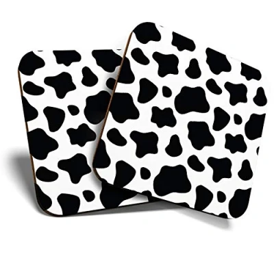 Image of Great Coasters (Set of 2) Square/Glossy Quality Coasters/Tabletop Protection for Any Table Type Funky Cow Print Pattern Animals #8463