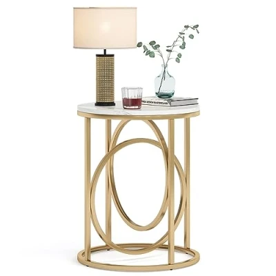 Image of Tribesigns Modern Round End Table, Faux Marble Sofa Side Coffee Table Cocktail with Unique Gold O Shaped, Nightstand for Living Room Bedroom