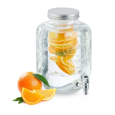 Image of Relaxdays Beverage Dispenser with Insert, Tap &amp; Lid, Glass, Lemonade Container, Water Reservoir, 5 Litre, Transparent, Iron, 29 x 21.5 16.5 cm