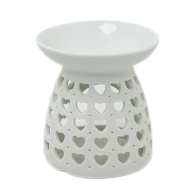 Image of Heart Cut Out White Ceramic Essential Oil Burner Tealight Candle Holder Wax Melt Votive Fragrance Diffuser Aromatherapy Gift