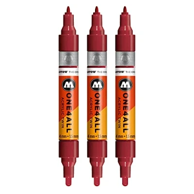 Image of Molotow One4All Acrylic Twin Markers (Line Width 1.5 mm and 4 mm, High Coverage Permanent) Pack of 3 Colour 086 Burgundy Red