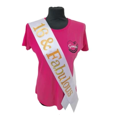 Image of 16 Birthay Sash White &amp; Fabulous Beautiful Quality Ribbon and Holographic Gold Font