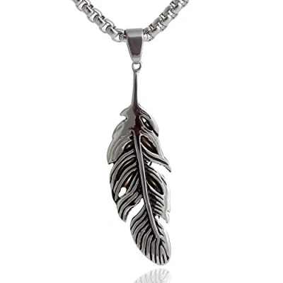 Image of DonDon Men&#039;s Necklace Stainless Steel with Lucky Feather Pendant in a Velvet Bag