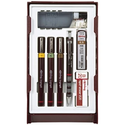 Image of rOtring Isograph Pen Set Technical &amp; Pencil College 3 Pens (0.20mm, 0.30mm, 0.50mm) and Mechanical (0.5mm) + Accessories