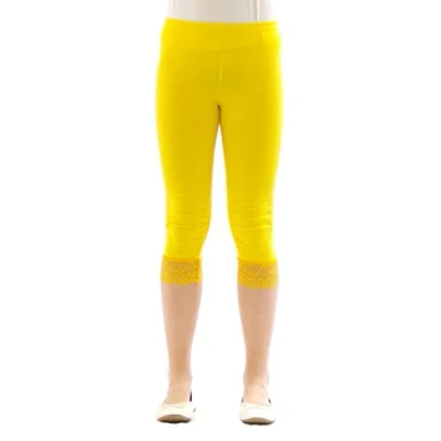 Image of Girl Kids Leggings Trousers Capri 3/4 Short with Lace Cotton Yellow, 116 cm
