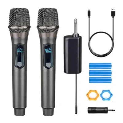 Image of HUACAM Rechargeable UHF Dual Wireless Microphone, Portable for Singing Karaoke, Wedding, DJ, Party, Speech, Church, Class Use, PA
