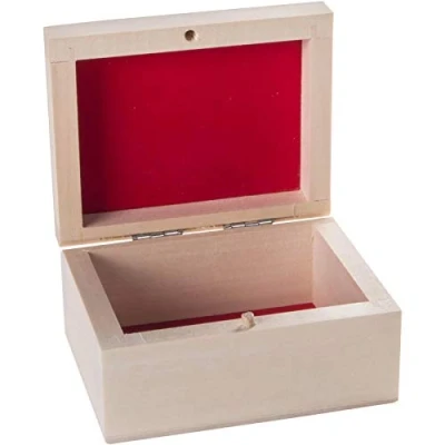 Image of Small Wooden Box to Decorate 11 x 8 5 cm Red Linen Git Case Ring Jewellery Earrings Trinket Keepsake Unpainted &amp; Untreated Plain Lindenwood