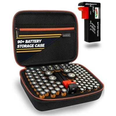 Image of AKIELO+ Battery Storage Case (Core Edition Holds 90+) with Tester Included Clutter Free Organiser Holder Batteries AAA, AA, C, 9V (Not Included)