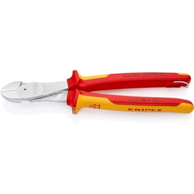Image of Knipex High Leverage Diagonal Cutter chrome plated, insulated grip, VDE tested with integrated tether attachment point for a tool 250 mm (self service card/blister) 74 06 T BK