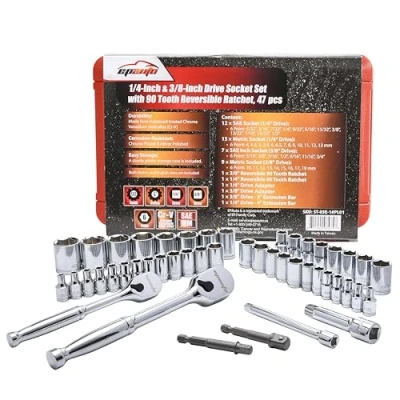 Image of EPAuto 46 Pieces 1/4 Inch and 3/8 Drive Socket Set with 90 Tooth Reversible Ratchet