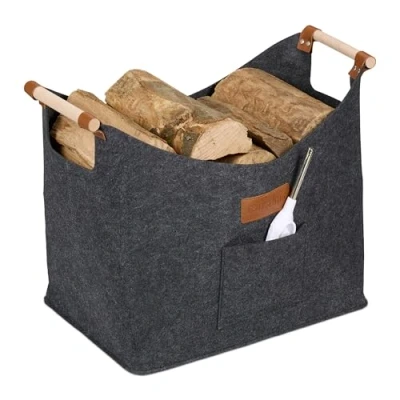 Image of Relaxdays Felt Log Basket, 50L, with Carrying Handles, HxWxD: 40x51x32 cm, Storage for Firewood, Kindling Holder, Grey, Plastic, Wood