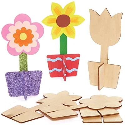 Image of Baker Ross FC727 Flower 3D Wooden Stand up Decorations Pack of 6, Wood Model Kit for Kids, Arts and Crafts Kids