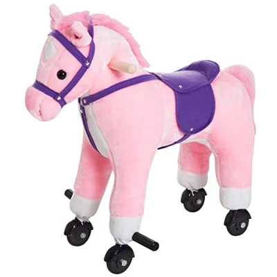 Image of HOMCOM Wooden Action Pony Wheeled Walking Horse Riding Little Baby Plush Toy Style Ride on Animal Kids Gift w/Sound (Pink)