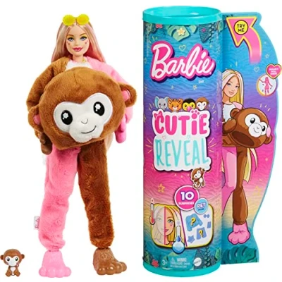 Image of ​Barbie Dolls and Accessories, Cutie Reveal Doll with Monkey Plush Costume &amp; 10 Surprises Including Color Change, Jungle Series