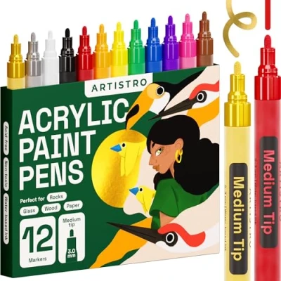 Image of ARTISTRO Acrylic Paint Pens, Art Set Markers Dual Tip, for Fabric, Canvas, Rock, Glass, Wood, Paper, DIY, Markers, Multicolor (Medium 12)