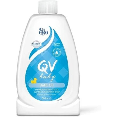 Image of QV Baby Bath Oil, 500ml with Vitamin E, Delicate, Water dispersible, Everyday Use, Non Greasy for Sensitive Skin, Suitable Face, Body &amp; Hair, Wash Eczema, Cradle Cap, Dermatitis