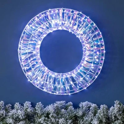 Image of CHRISTOW Light Up Christmas Wreath 38cm, Iridescent White Micro LED Hanging Door Wall Window Decoration, Mains Powered, Indoor Outdoor Home Garden (300 LEDs)