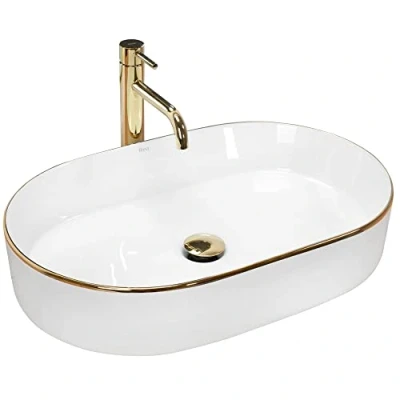 Image of REA U1063 Bathroom Sink Made of Ceramic 60 Edge white U1063, White/Gold, Nadia 61 x 38,5 cm