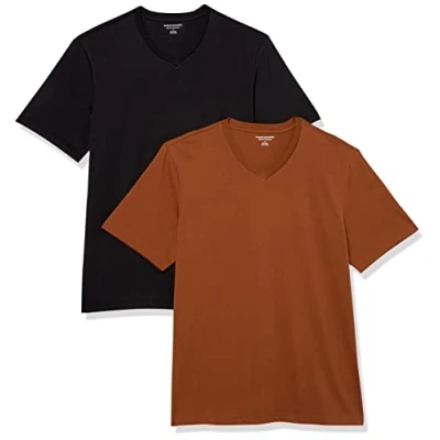 Image of Amazon Essentials Men&#039;s Regular Fit Short Sleeved V Neck T Shirt (Available in Big and Tall), Pack of 2, Black/Brown, XS