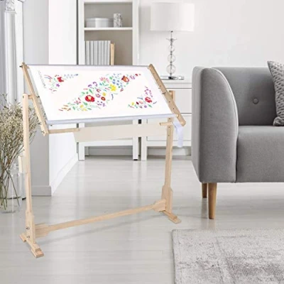Image of 14CT Tapestry Frame Stand, Adjustable Embroidary Easel Wood Cross Stitch Stand 360 Degree Large Hoop with PVC Clip Holder Roller for Silk Needlework 80CM
