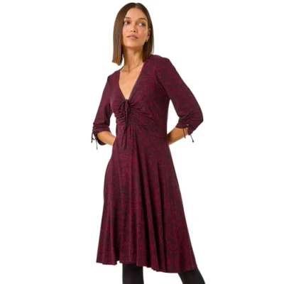 Image of Roman Originals Fit &amp; Flare Skater Dress for Women UK Ladies Tea Stretch Jersey Casual Summer Occasion Evening Cocktail Party Smart Holiday V Necked Knee Length Crimson Size 18