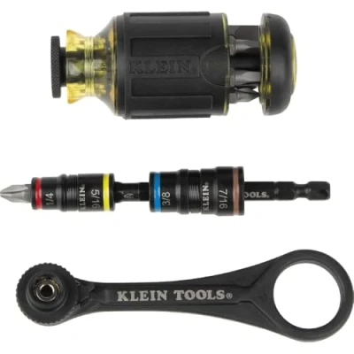Image of Klein Tools 85515HD 3 Piece Tool Set, Mini Ratchet, 12 in 1 Impact Stubby Multi Bit Driver and 5 Flip Socket, for Tight Spaces