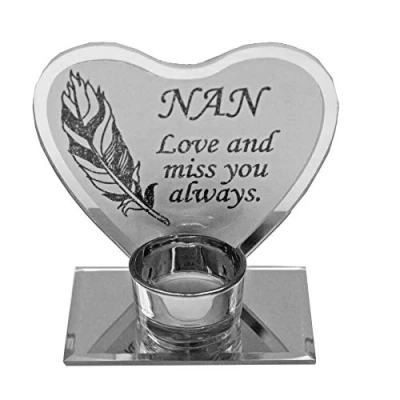 Image of Widdle Gifts Ltd Feather Design Memorial Glass Heart Tea Light Plaque Nan