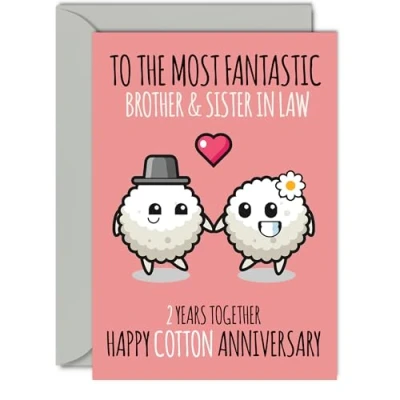 Image of Cute Cotton Anniversary Card for Brother &amp; Sister In Law 2 Years Together Happy 2nd Wedding Cards Brother, A5 Greeting Second Anniversaries