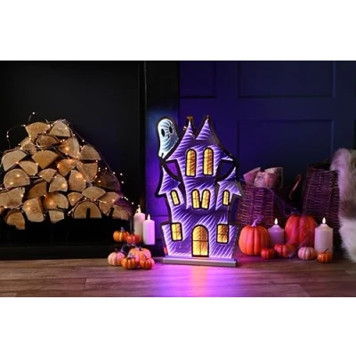 Image of Festive Productions Halloween Infinity Effect 3D Purple House LED Light 60cm Decoration Haunted Themed Décor Prop Scary Perfect for Parties, Home, Living Room
