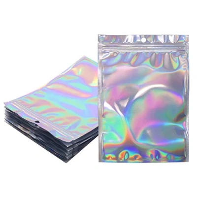 Image of 100pcs Holographic Foil Bags Sealable ZipLock 14 x 19.8 cm, Resealable Mylar Sample Pouch Gift Baggies for Candy Snack Jewelry Lash Lip Gloss