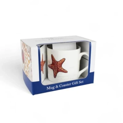 Image of Seaside Mug &amp; Coaster Gift Set Starfish Coastal Sea Creatures Bone China and Cork Tea/Coffee Present