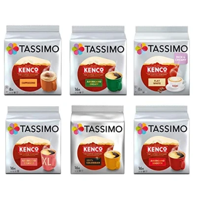 Image of Tassimo Kenco Lovers Selection Cappuccino/Decaf/Flat White/Americano Grande/Colombian/Americano Smooth 6 Packs (80 Servings)