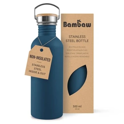 Image of Bambaw Stainless Steel Water Bottle 500ml, Blue Bottle, Non Insulated Metal BPA Free Leakproof Aegean