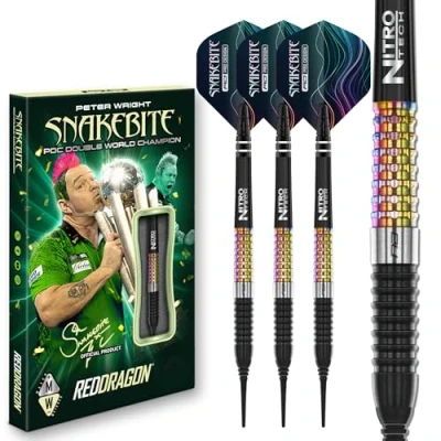 Image of RED DRAGON Darts Professional Player Peter Wright Snakebite Corra 90% Tungsten 18g barrel / 20g Full Weight Soft tip Set with Dart Flights and Shafts (Stems)