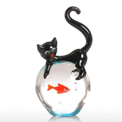 Image of Tooarts Cat and Goldfish Gift Glass Ornament Animal Figurine Handblown Home Decor Black &amp; Red