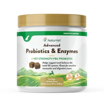 Image of Veterinarian Strength Advanced Probiotics, Healthy Enzymes and PB6 Probiotic Supplement For Your Dogs Stomach, Intestine, Digestion GI Tract health, Made by NaturVet, 120 Soft Chews