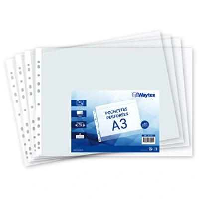 Image of WAYTEX Punched Pocket Folder A3, Thick 7.5/100, Pack of 10 (Top Opening)