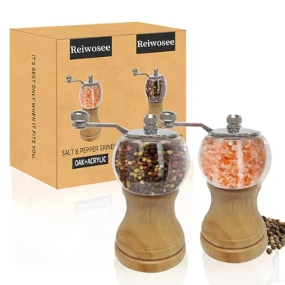 Image of salt and Pepper grinder Set Mill, 2PCS 5in Classical Hand Set, Manual Wood, Ep Material Acrylic, Ceramic Blades with Strong Adjustable Grinders Set.