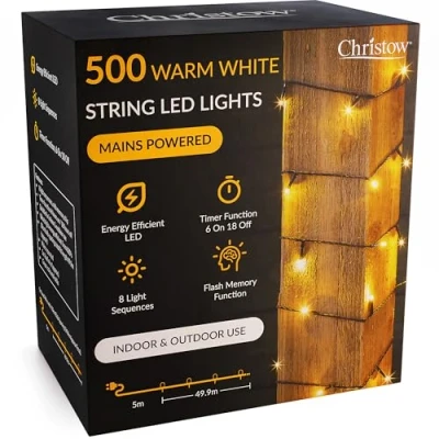 Image of CHRISTOW Christmas Fairy Lights, Warm White LED String Lighting with Timer, Indoor &amp; Outdoor, Tree Mains Operated, 8 Light Modes Flashing Static, Green Cable (500 / 50m Lit Length)