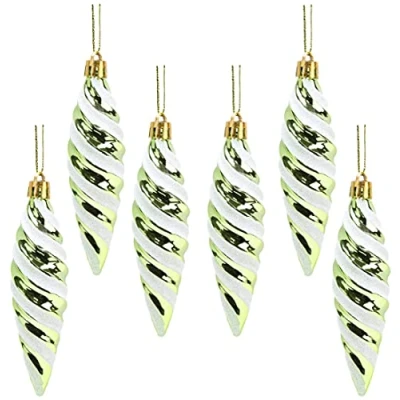 Image of Christmas Concepts® Pack of 6 110mm Large Spiral Shaped Baubles Shiny &amp; Glitter Decorated Tree Decorations (Lime Green)