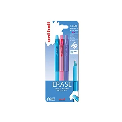 Image of uni ball URN 181 07 On Point Erasable Rollerball Gel Pens. Premium 0.7mm Ballpoint Tip for Super Smooth Writing, Drawing &amp; Colouring. Easy Retract Eraser Secure and Stable Rubbing Out. Pack Of 3