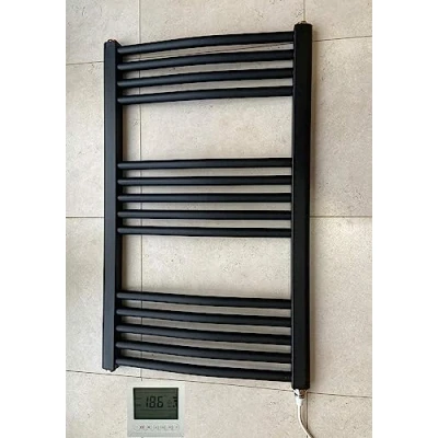 Image of Greened House 500w x 800h Black Electric Curved Heated Towel Rail Bathroom Radiator + Timer and Room Thermostat