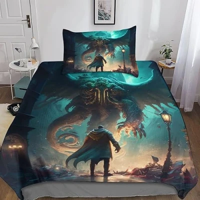 Image of GEEYOU Cthulhu Mythos Duvet Cover Microfiber Bedding Set, 3D Print Cartoon Quilt Pillowcase, With Zipper Closure, Soft Comforter for Men Woman Kids 3 Piece Set Single（135x200cm）