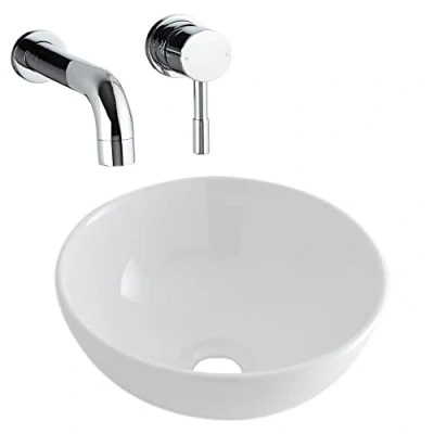 Image of Irwell Modern 320mm White Ceramic Round Countertop Bathroom Basin Sink With Wall Mounted Tap Milano