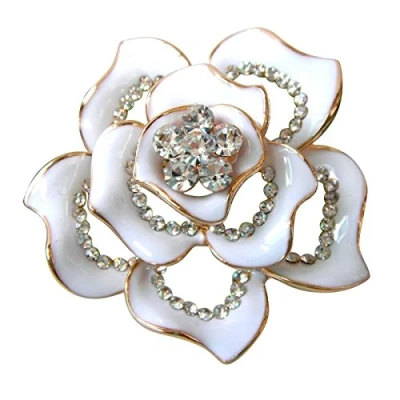 Image of Navachi 18k Gold Plated Clear Crystal White Enamel Flower Az7433b Brooch Pins
