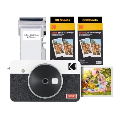 Image of KODAK Mini Shot 2 Retro 4Pass in 1 Instant Camera and Portable Photo Printer (5.3 x 8.6 cm) plus Package with 68 Sheets, White