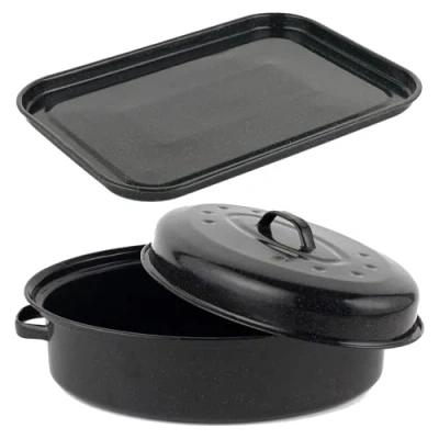 Image of Salter COMBO 9149 Baking Tray &amp; Roaster Set Vitreous Enamel Coated Steel Self Basting Roasting Tin with Lid, Flat Oven Pan, Large Cookie Sheet, PFAS Free, Oval Cooking Dish, Dishwasher Safe, Black
