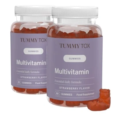 Image of Multivitamin Gummies with Biotin, Folic Acid, Vitamin C, E and 6 Other Micronutrients 120 Gummy Bears for Days Natural Strawberry Flavour Tummy Tox