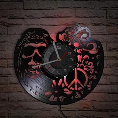 Image of Smotly Vinyl wall clock with seven color night light atmosphere clock, skull shaped design, personalized gift