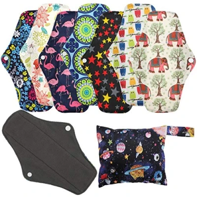 Image of Reusable Sanitary Towels Pads(7 in 1, 25.4 cm 4 Layers), Antibacterial Bamboo Panty Liners with Wet Bag, Heavy Flow Night Washable Cloth Menstrual